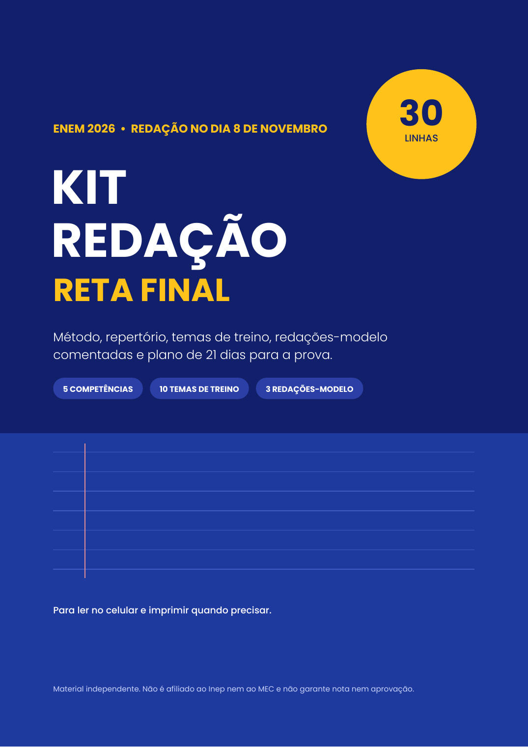Capa do Kit Redação Reta Final ENEM 2026 em azul, com título e destaques do conteúdo